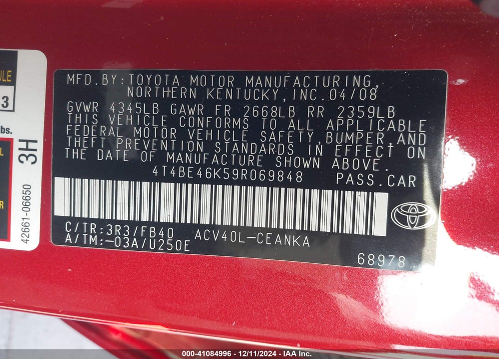 2009 TOYOTA CAMRY LE VIN: 4T4BE46K59R069848