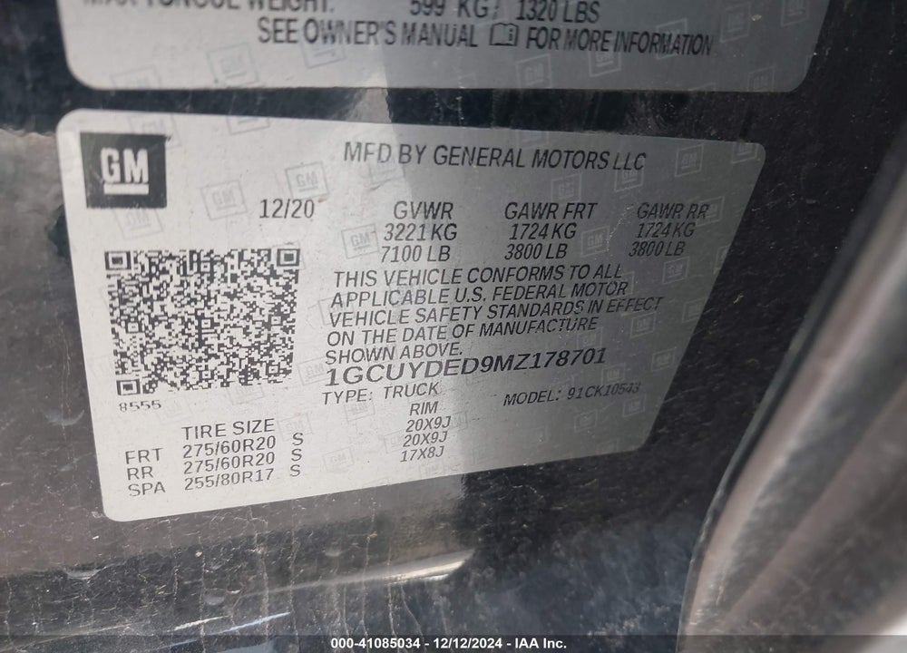 2021 CHEVROLET SILVERADO 1500 4WD SHORT BED LT VIN: 1GCUYDED9MZ178701
