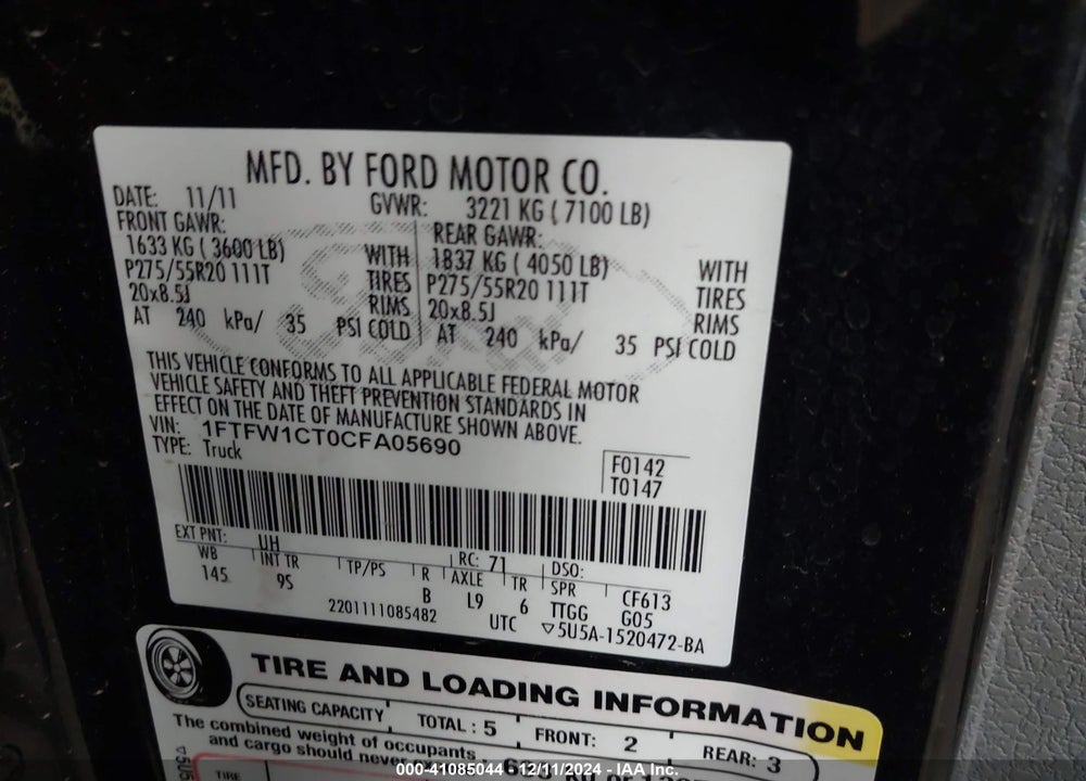 2012 FORD F-150 PLATINUM VIN: 1FTFW1CT0CFA05690