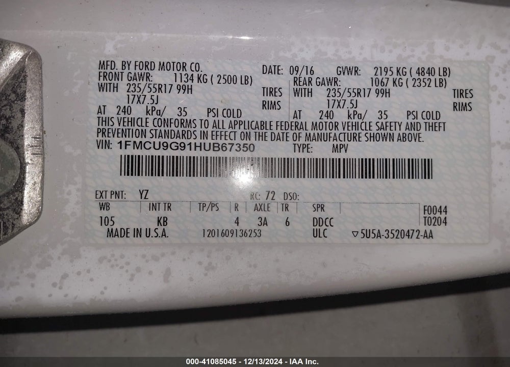 2017 FORD ESCAPE SE VIN: 1FMCU9G91HUB67350