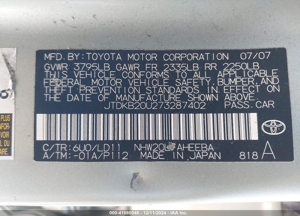 2007 TOYOTA PRIUS TOURING VIN: JTDKB20U273287402