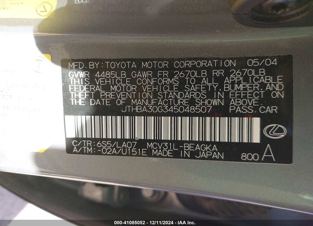 2004 LEXUS ES 330 VIN: JTHBA30G345048507