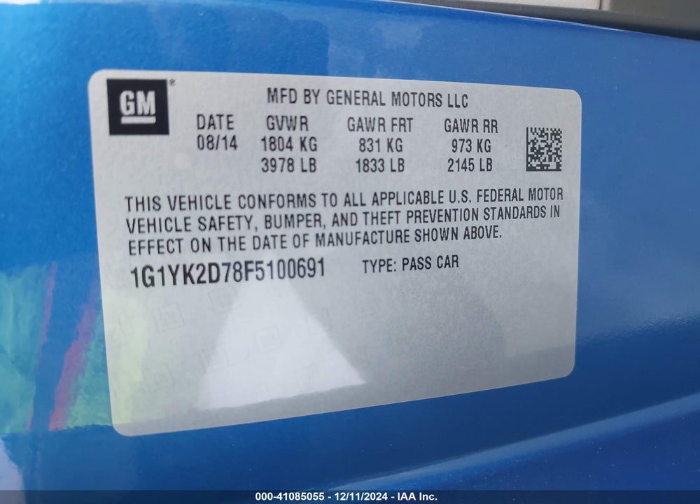 2015 CHEVROLET CORVETTE VIN: 1G1YK2D78F5100691