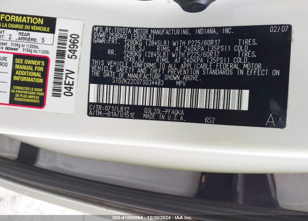 2007 TOYOTA SIENNA XLE VIN: 5TDZK22C07S034483