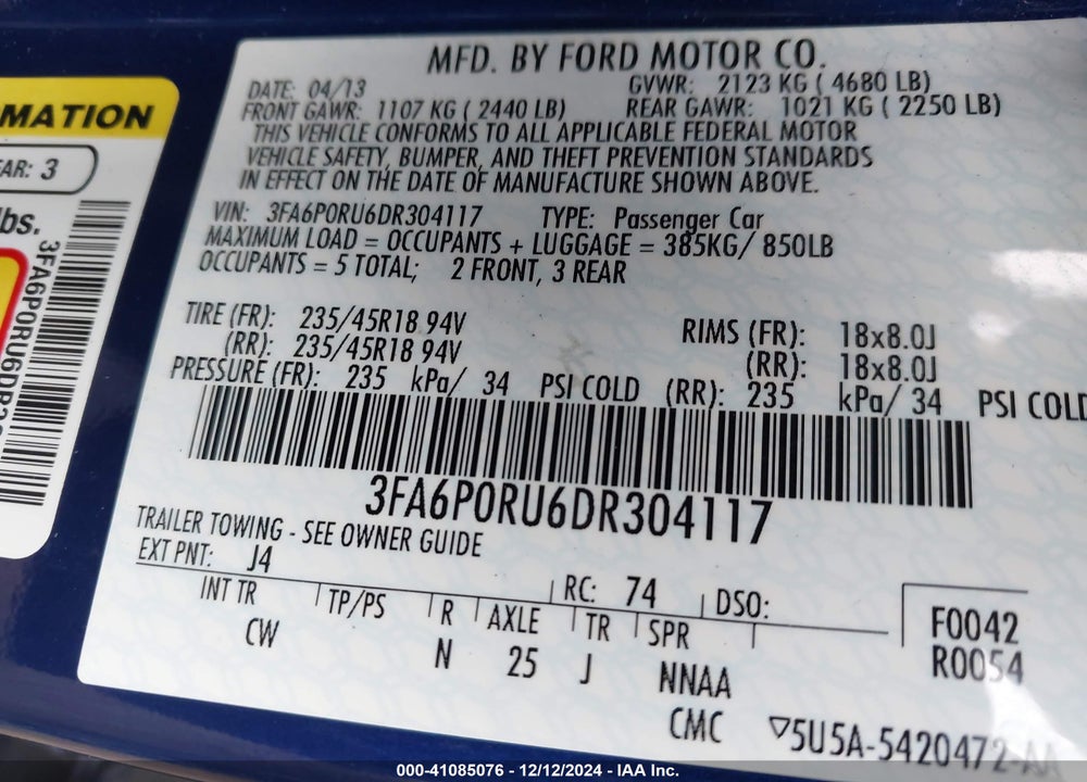 2013 FORD FUSION HYBRID TITANIUM VIN: 3FA6P0RU6DR304117