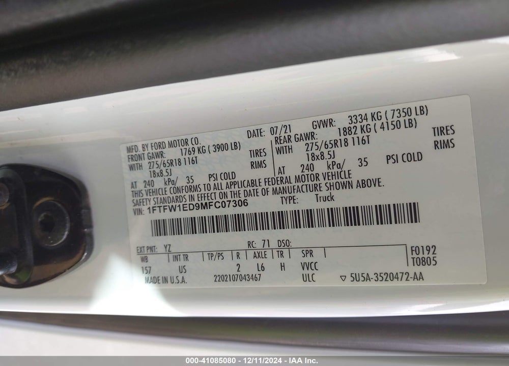 2021 FORD F-150 VIN: 1FTFW1ED9MFC07306