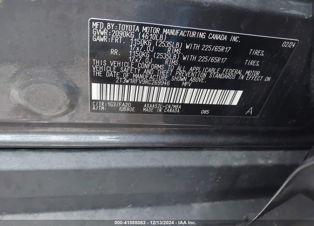 2024 TOYOTA RAV4 XLE VIN: 2T3W1RFV9RC269946