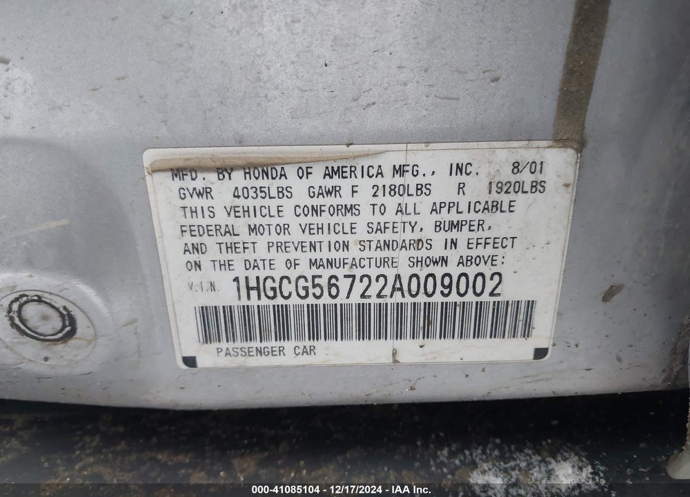 2002 HONDA ACCORD 2.3 SE VIN: 1HGCG56722A009002