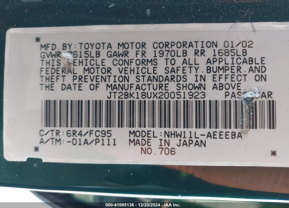 2002 TOYOTA PRIUS VIN: JT2BK18UX20051923