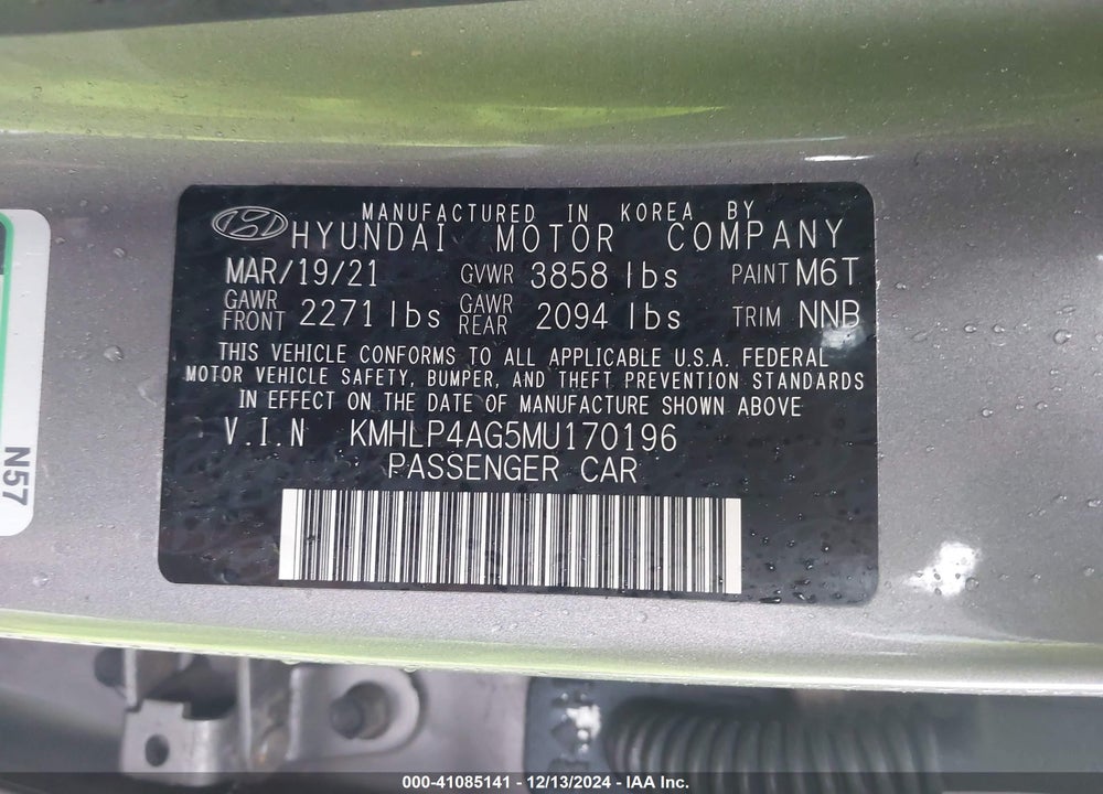 2021 HYUNDAI ELANTRA LIMITED VIN: KMHLP4AG5MU170196