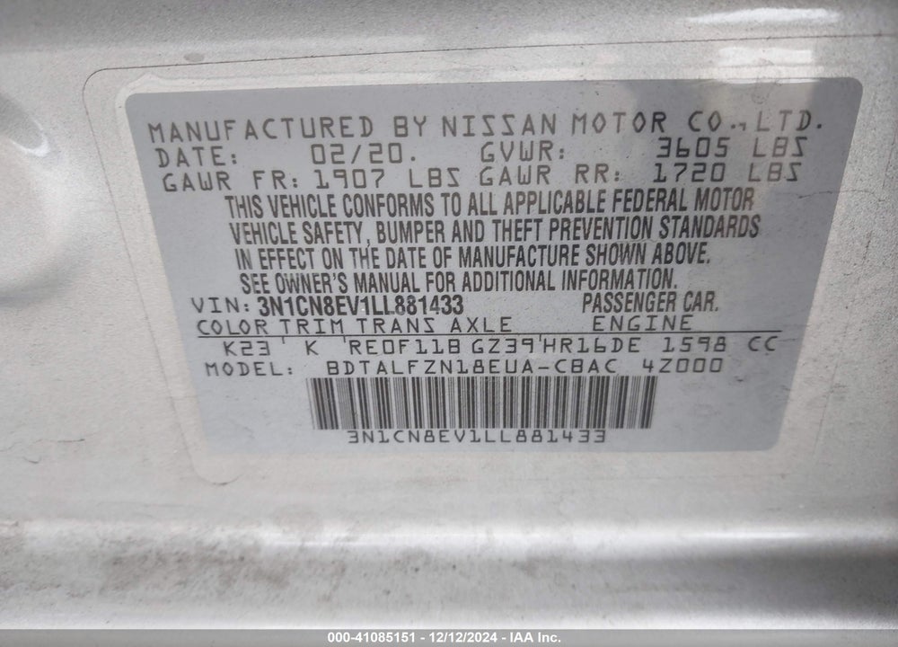 2020 NISSAN VERSA SV XTRONIC CVT VIN: 3N1CN8EV1LL881433