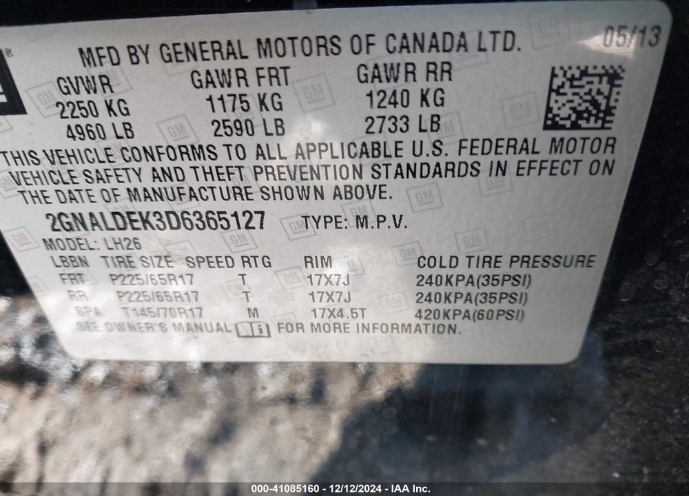 2013 CHEVROLET EQUINOX 1LT VIN: 2GNALDEK3D6365127