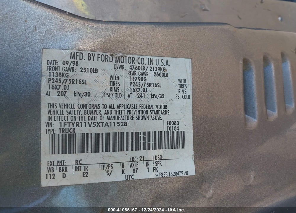 1999 FORD RANGER XL/XLT VIN: 1FTYR11V5XTA11528