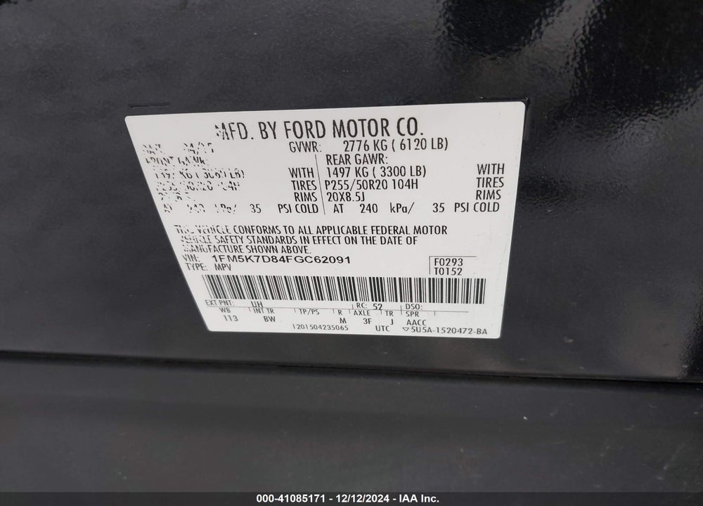 2015 FORD EXPLORER XLT VIN: 1FM5K7D84FGC62091