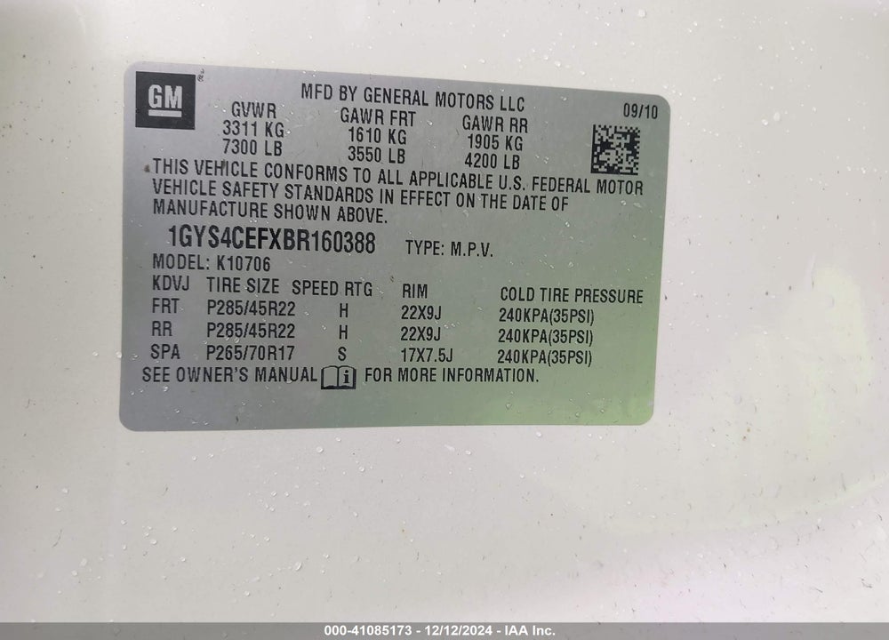 2011 CADILLAC ESCALADE PREMIUM VIN: 1GYS4CEFXBR160388