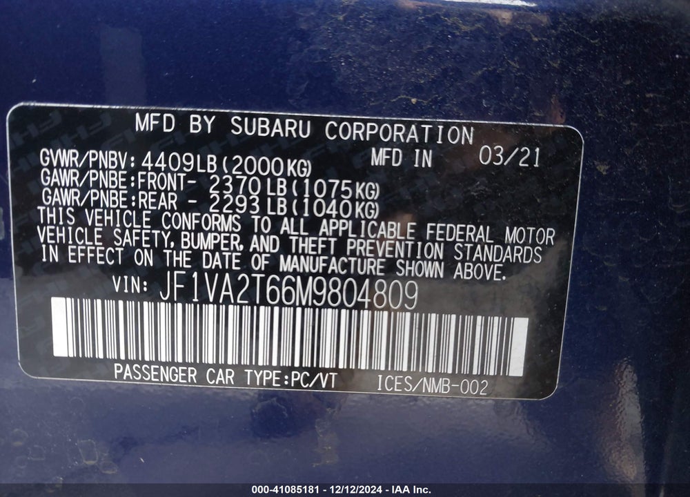 2021 SUBARU WRX STI LIMITED VIN: JF1VA2T66M9804809