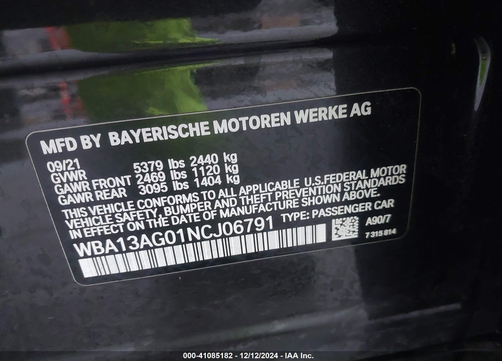 2022 BMW 530E VIN: WBA13AG01NCJ06791