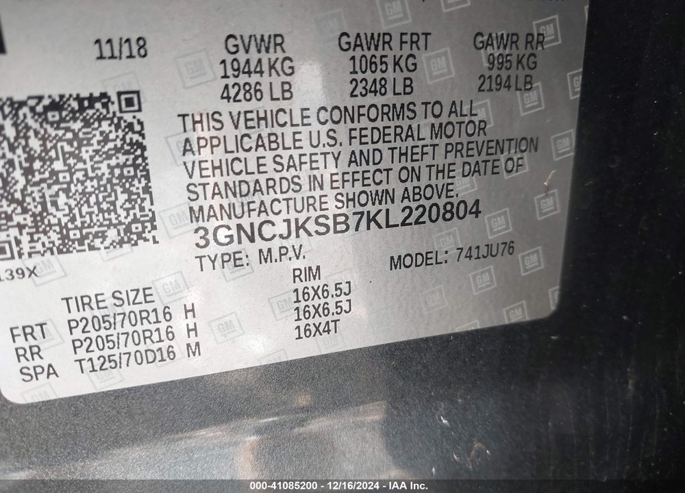 2019 CHEVROLET TRAX LS VIN: 3GNCJKSB7KL220804