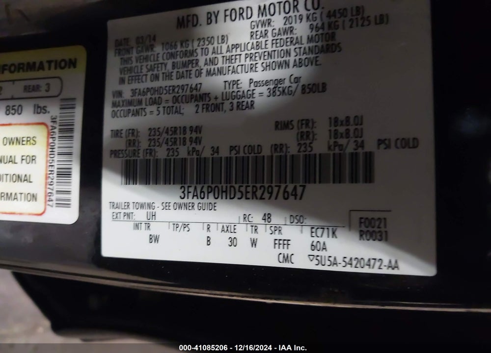 2014 FORD FUSION SE VIN: 3FA6P0HD5ER297647