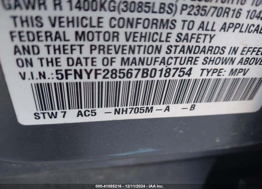 2007 HONDA PILOT EX-L VIN: 5FNYF28567B018754