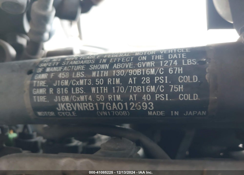2016 KAWASAKI VN1700 B VIN: JKBVNRB17GA012593