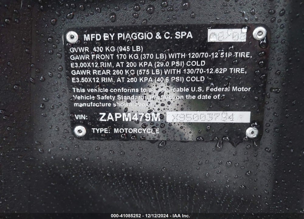 2009 PIAGGIO MP3 250 VIN: ZAPM479MX95003734