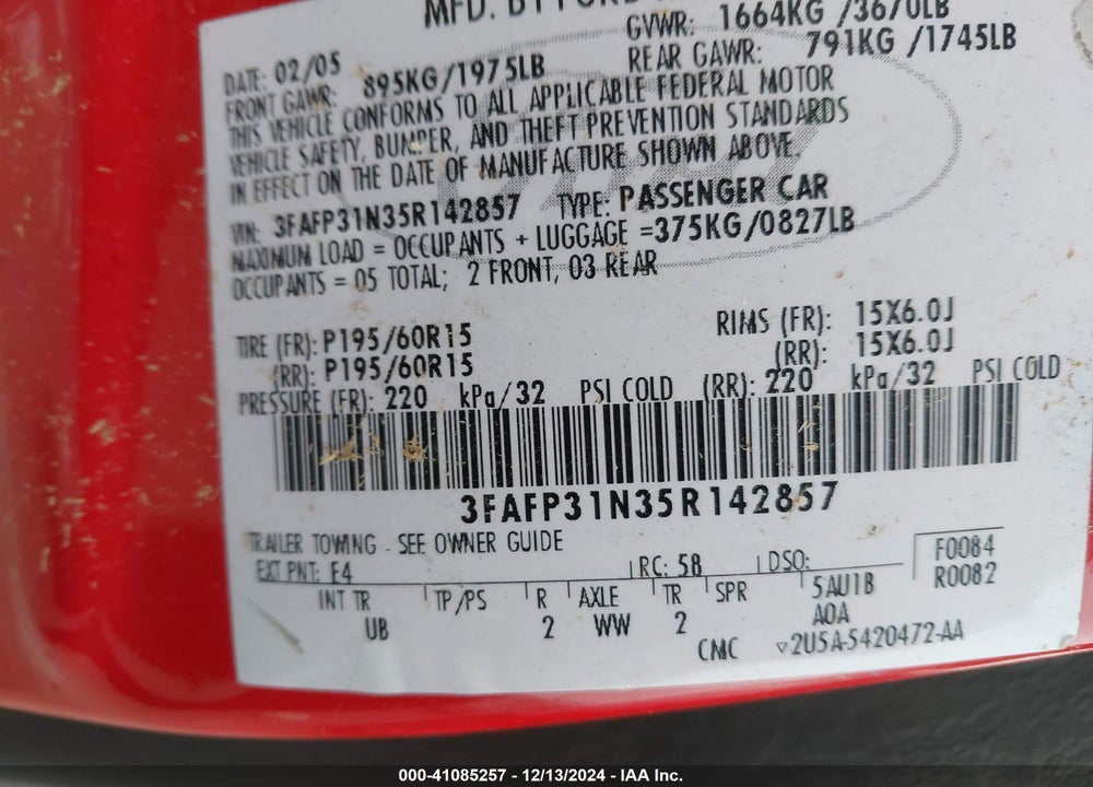2005 FORD FOCUS ZX3 VIN: 3FAFP31N35R142857