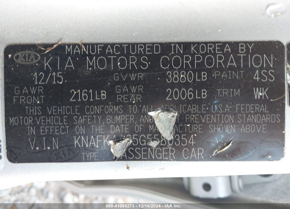 2016 KIA FORTE VIN: KNAFK4A65G5580354