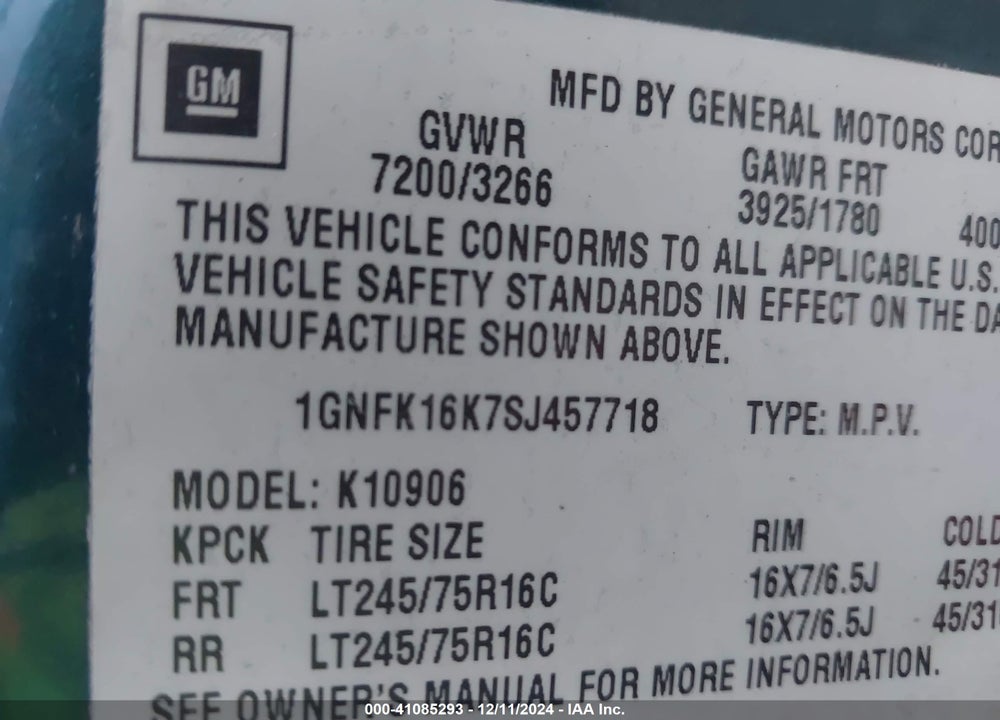 1995 CHEVROLET SUBURBAN K1500 VIN: 1GNFK16K7SJ457718