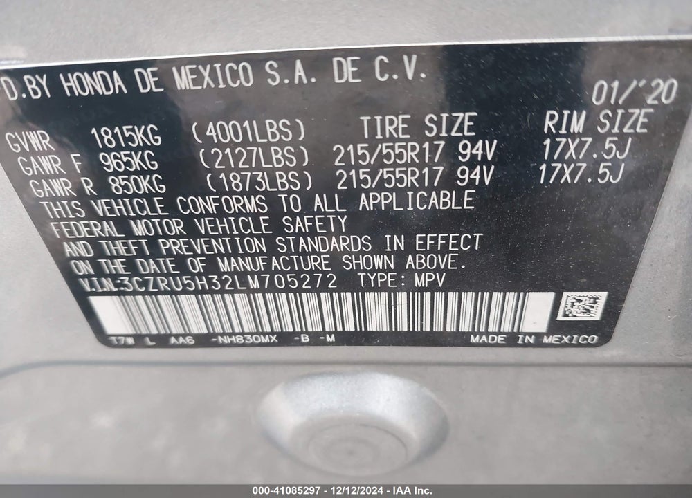2020 HONDA HR-V 2WD LX VIN: 3CZRU5H32LM705272