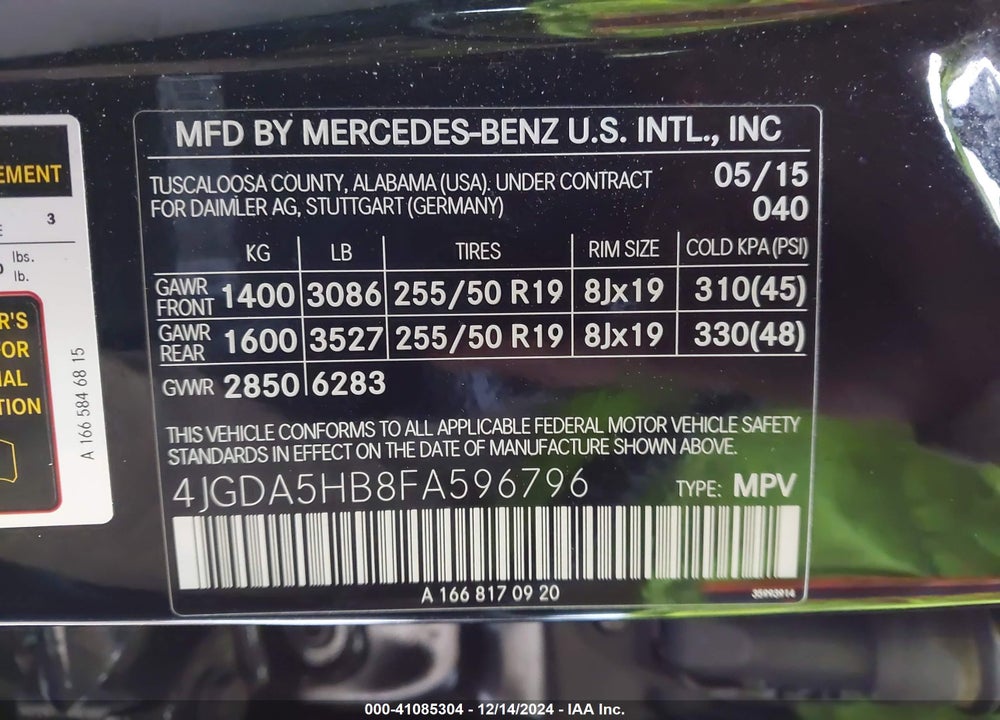 2015 MERCEDES-BENZ ML 350 4MATIC VIN: 4JGDA5HB8FA596796