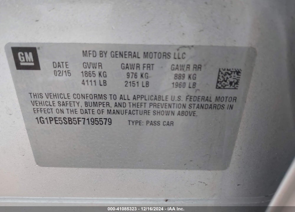 2015 CHEVROLET CRUZE 2LT AUTO VIN: 1G1PE5SB5F7195579