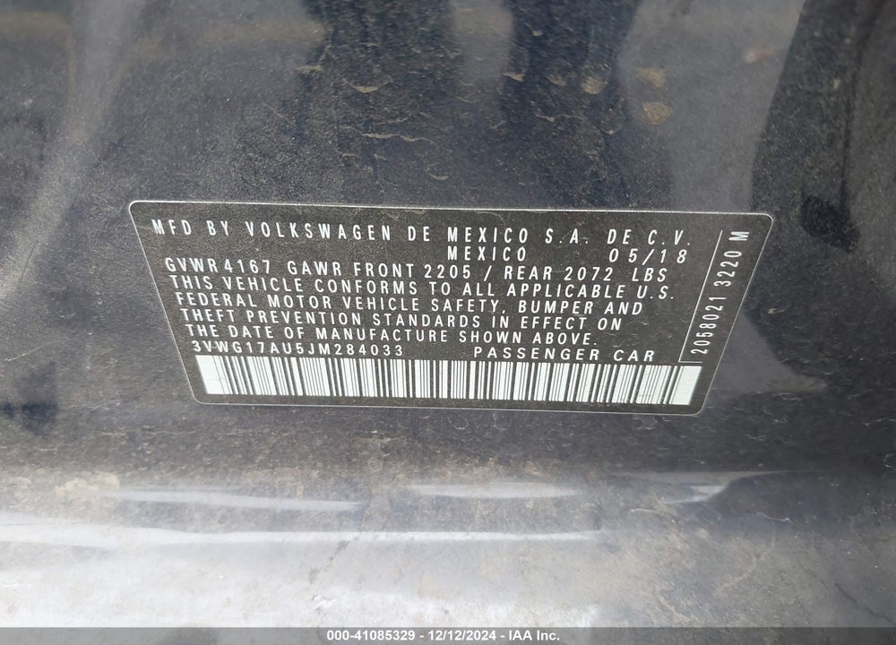 2018 VOLKSWAGEN GOLF VIN: 3VWG17AU5JM284033