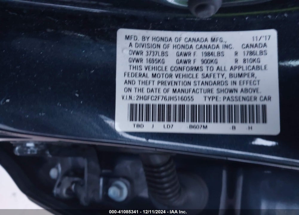2018 HONDA CIVIC EX VIN: 2HGFC2F76JH516055