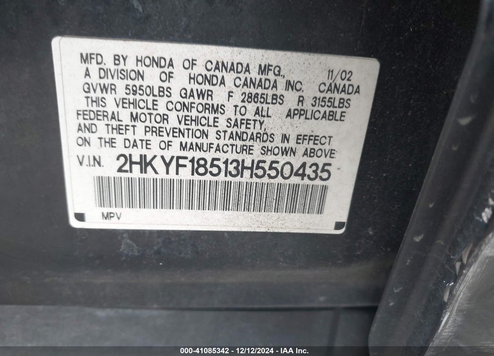 2003 HONDA PILOT EX-L VIN: 2HKYF18513H550435