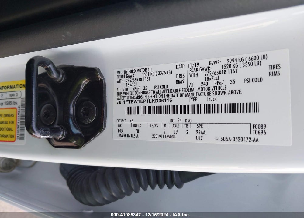 2020 FORD F-150 XLT VIN: 1FTEW1EP1LKD06116