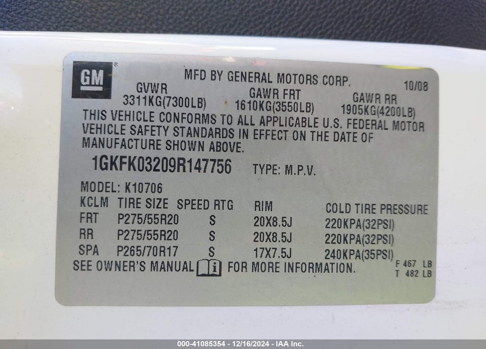 2009 GMC YUKON DENALI VIN: 1GKFK03209R147756