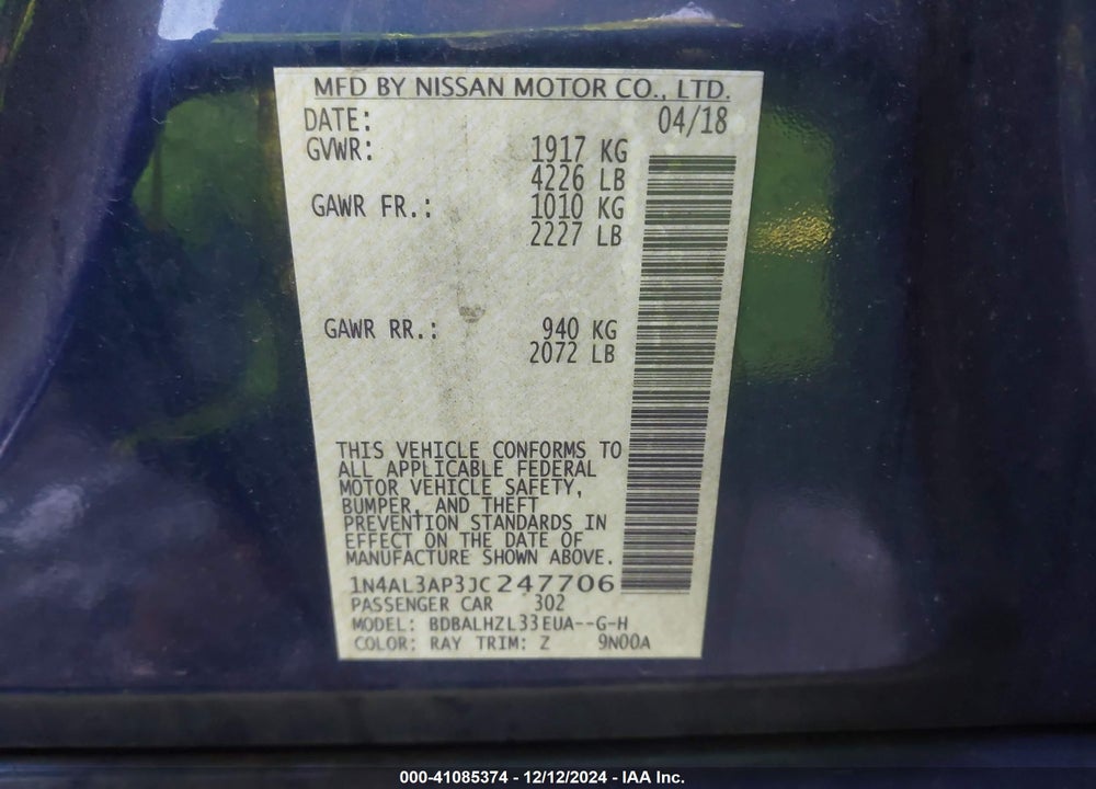2018 NISSAN ALTIMA 2.5 SR VIN: 1N4AL3AP3JC247706