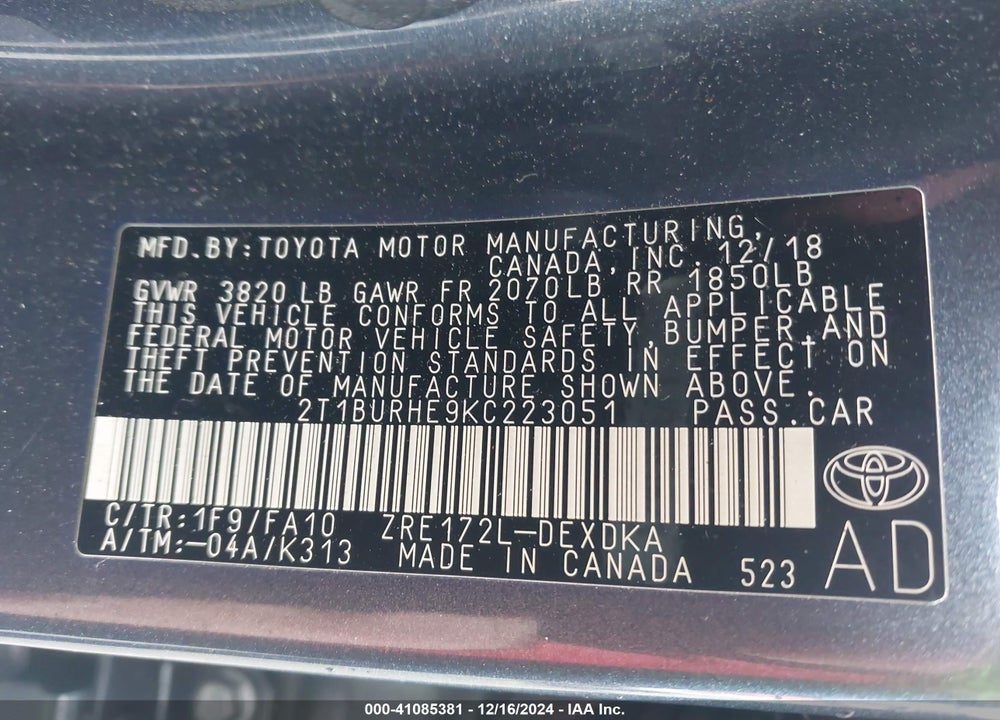 2019 TOYOTA COROLLA VIN: 2T1BURHE9KC223051