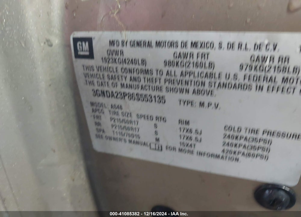 2006 CHEVROLET HHR LT VIN: 3GNDA23P86S553135