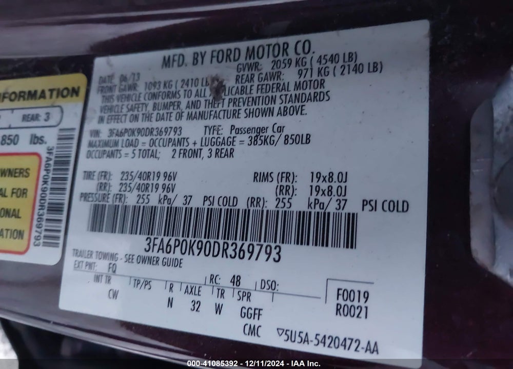 2013 FORD FUSION TITANIUM VIN: 3FA6P0K90DR369793