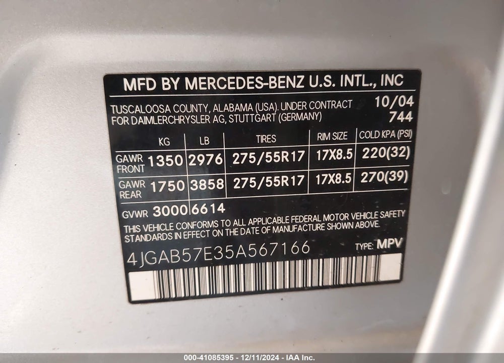 2005 MERCEDES-BENZ ML 350 4MATIC VIN: 4JGAB57E35A567166
