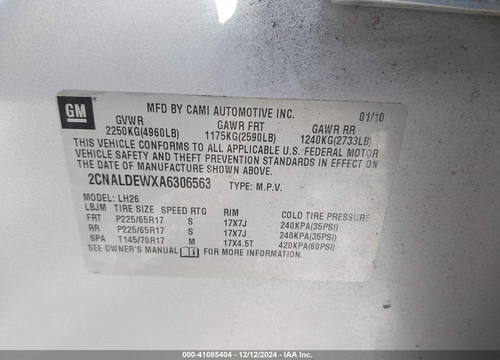2010 CHEVROLET EQUINOX LT VIN: 2CNALDEWXA6306563