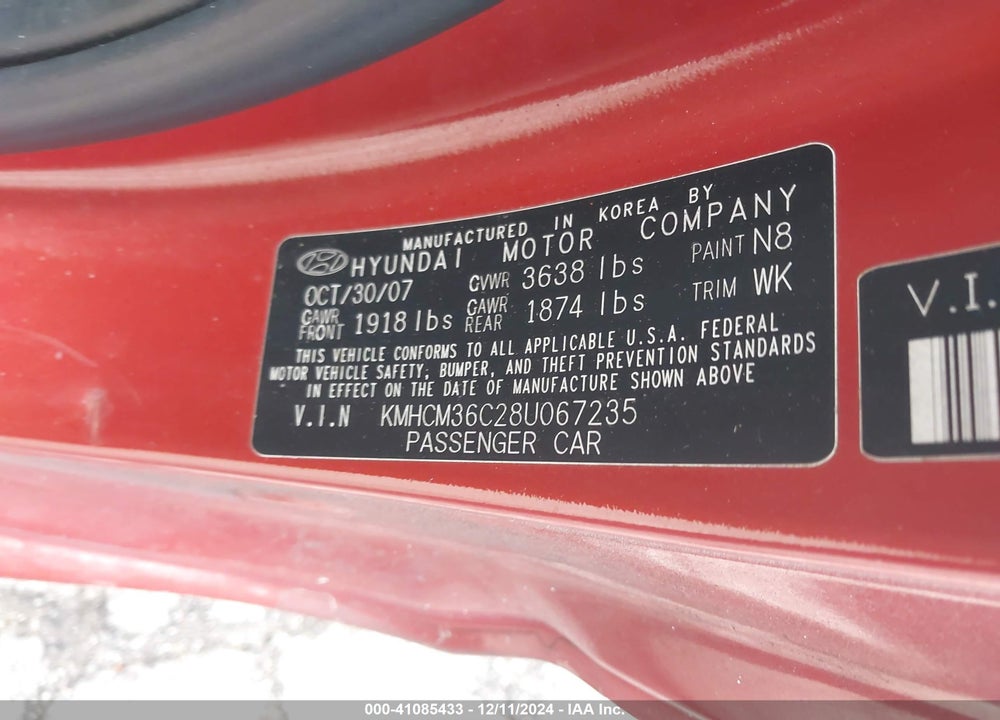 2008 HYUNDAI ACCENT GS VIN: KMHCM36C28U067235