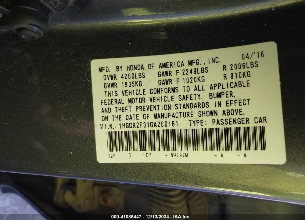 2016 HONDA ACCORD LX VIN: 1HGCR2F31GA200181