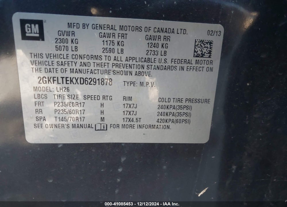 2013 GMC TERRAIN SLE-2 VIN: 2GKFLTEKXD6291878