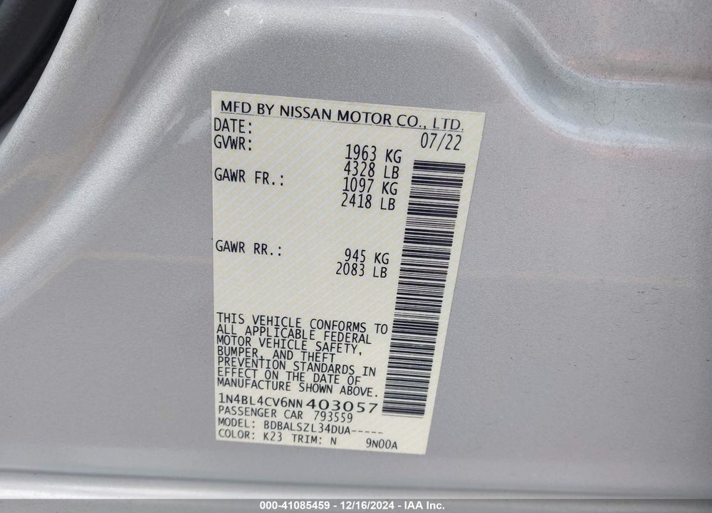 2022 NISSAN ALTIMA SR FWD VIN: 1N4BL4CV6NN403057