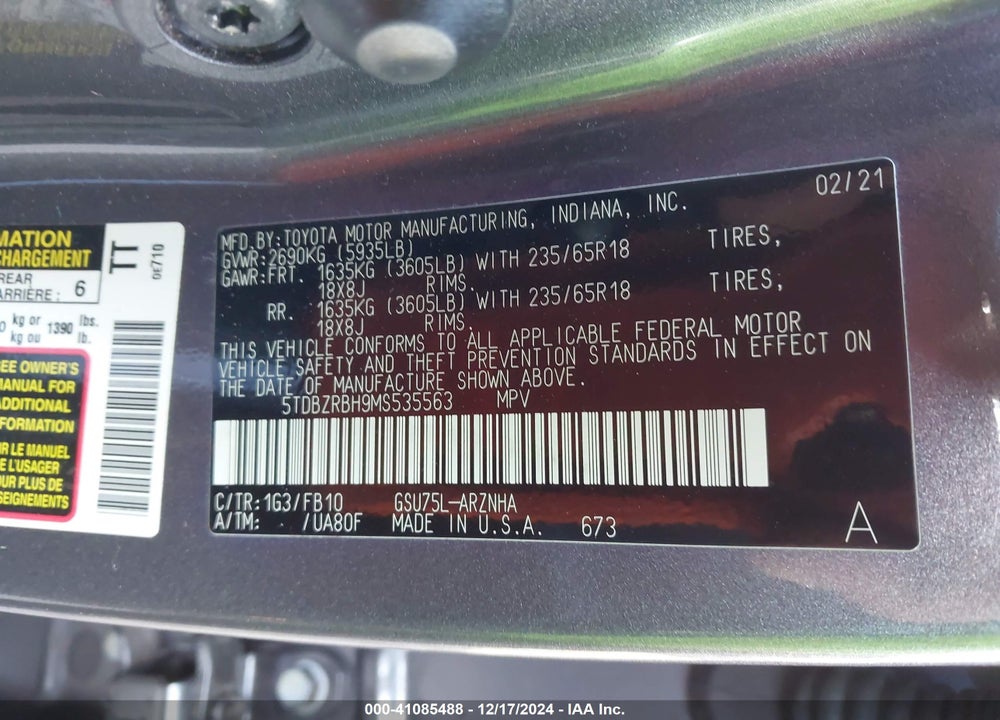 2021 TOYOTA HIGHLANDER LE VIN: 5TDBZRBH9MS535563