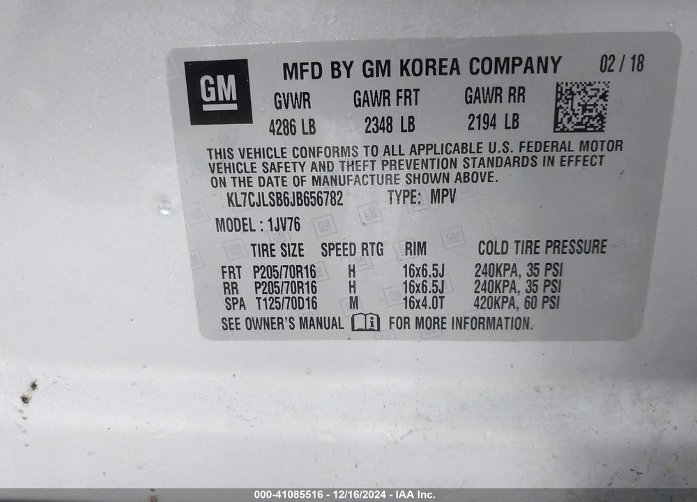 2018 CHEVROLET TRAX LT VIN: KL7CJLSB6JB656782