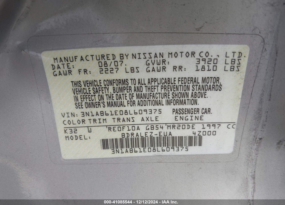 2008 NISSAN SENTRA 2.0S VIN: 3N1AB61E08L609375